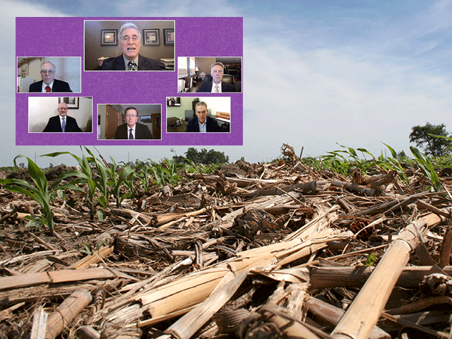 Leaders from the major commodity groups spoke at the opening session of Commodity Classic about climate issues, including practices that sequester carbon in the ground such as no-till and cover crops. (DTN/Progressive Farmer photo by Fabian Fernandez; photo inset screenshot from Commodity Classic virtual forum) 