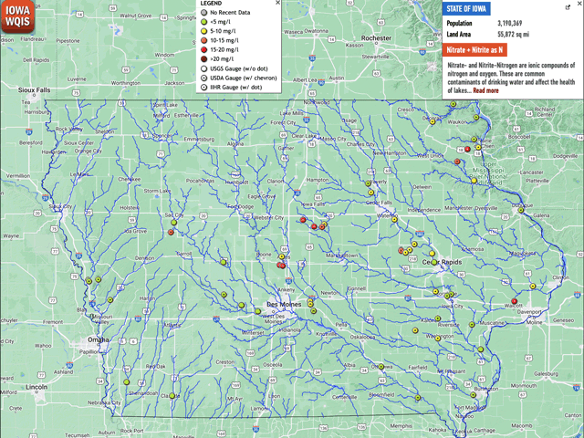 A map showing testing sensors along various waterways in Iowa. Green dots reflect nitrogen levels below 5 milligrams per liter (mg/l). Yellow dots indicate levels from 5 to 10 mg/l. Orange dots indicate nitrogen levels from 10 to 15 mg/l. Red dots go higher to 15 to 20 mg/l nitrogen levels. The Iowa Legislature has voted to remove funding for the testing sensors, which are tied to the Iowa Nutrient Reduction Strategy. (Map image from the Iowa Water Quality Information System) 