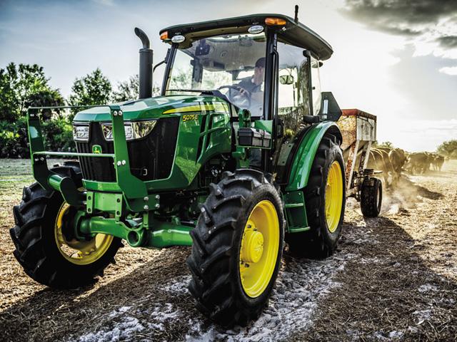 Deere is announcing upgrades to its 5 Series utility tractors including cabs and engine upgrades. Deere&#039;s 3-cylinder 5075E Utility Tractor is shown here. (Photo courtesy of John Deere)