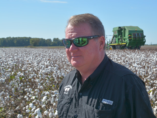 One of Justin Cariker&#039;s John Deere cotton pickers bales cotton near Dundee, Mississippi, on Oct. 12, 2021. Cariker said this year&#039;s better-than-average cotton crop will also be one of his most profitable. (DTN photo by Matthew Wilde)