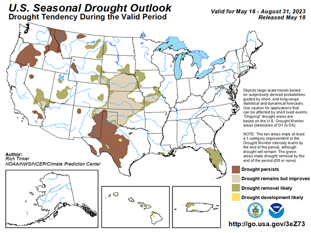 Drought reduction or removal across most of the Plains is forecast by the Climate Prediction Center through this summer. (CPC graphic)