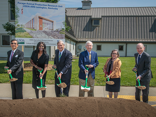 Dignitaries, including Agriculture Secretary Tom Vilsack (third from left) and U.S. Sen. Mitch McConnell, R-Ky., (fourth from left), take part in the groundbreaking ceremony for the new USDA Forage-Animal Production Research Unit (FAPRU) at the University of Kentucky. (Photo courtesy of University of Kentucky Extension)