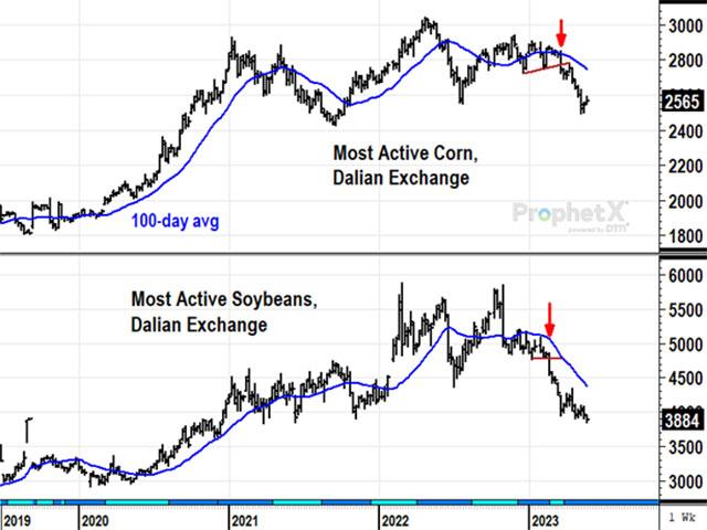 In 2020, the early rallies of corn and soybean prices in China turned out to be bullish signs of increased demand to come, even as markets were terrified by the spread of COVID-19. In early 2023, the reverse appears to be true. (DTN ProphetX chart by Todd Hultman) 