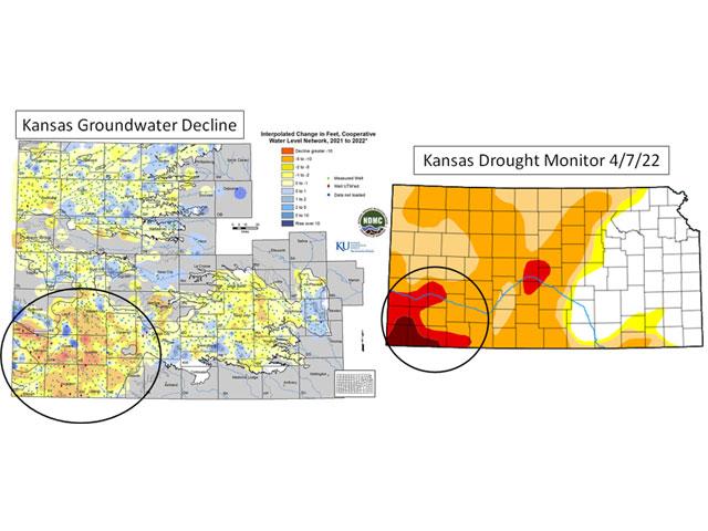 Groundwater levels in much of southwestern Kansas declined by 2 to 5 feet and as much as 10 feet in 2021. This area is in extreme to exceptional drought according to the U.S. Drought Monitor. (Kansas Geological Survey and National Drought Mitigation Center graphics)