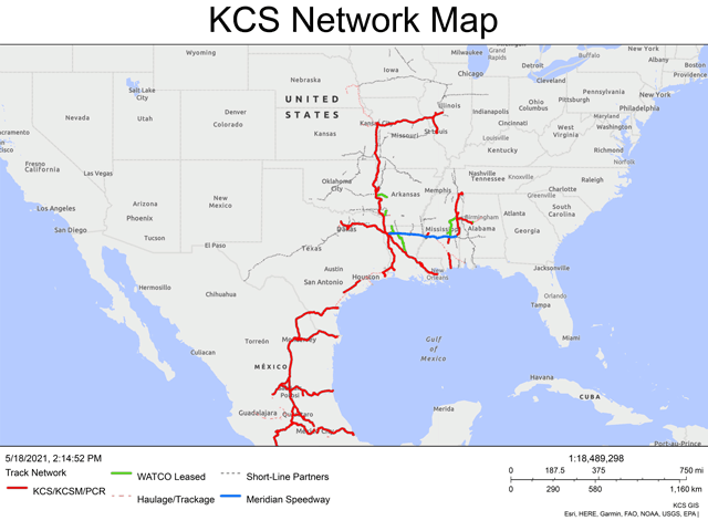 Kansas City Southern lines run from Missouri into central Mexico, including access to multiple Mexican ports as well as ports along the Gulf Coast in the U.S. Both Canadian railroads see the opportunity of creating a single North American rail line with the enactment of the U.S.-Mexico-Canada Agreement last year. (Map from Kansas City Southern website, www.kcsouthern.com)