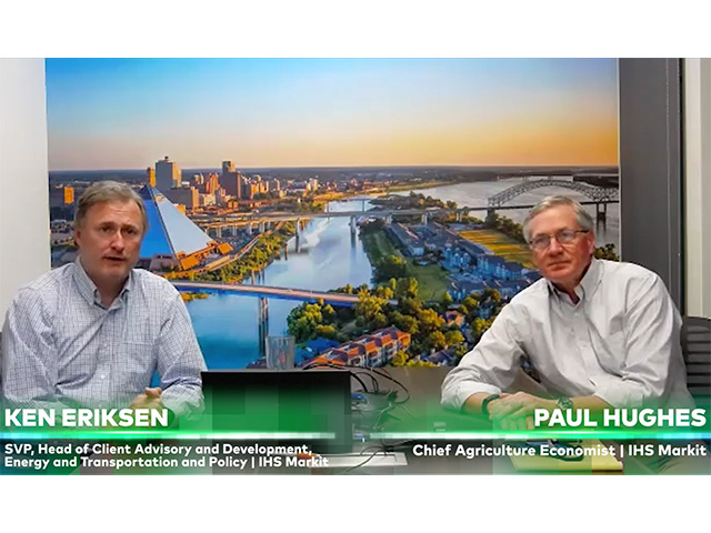 Ken Eriksen, senior vice president and head of client advisory and development for energy, transportation and policy at IHS Markit, and Paul Hughes, chief economist at IHS Markit, discuss the market situation for commodities, which focuses heavily on U.S.-China trade. (Screen capture by Nick Scalise from DTN Ag Summit)