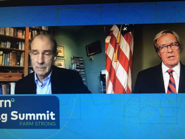 DTN Editor Emeritus Urban Lehner asks questions Wednesday of Kip Tom, an Indiana farmer who became the ambassador to the U.N. Agencies for Food and Agriculture. Tom said there is a lot of misperception among global ambassadors about U.S. agricultural production. There are also a lot of missed opportunities to use technology to reduce hunger in high-risk areas. (DTN file photo image from the virtual 2020 DTN Ag Summit) 
