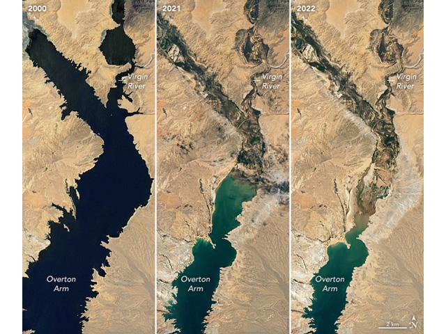 Images from the NASA Earth Observatory released in early July focused on the northern arm of Lake Mead and its decline from 2000 until now. As western states are being asked for solutions to keep Lake Mead and Lake Powell from hitting critical low points, there is more talk about what it would take to pump water from the Mississippi River to western states as well. (Image courtesy of NASA Earth Observatory) 