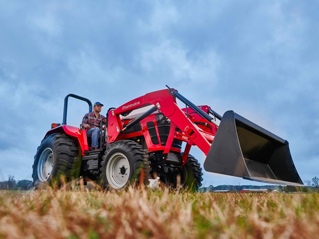 Mahindra&#039;s new 5100 series comes with four-wheel drive, 12x12 transmission, three-point hitch with ï¬?exible links, 3,100 pounds of lifting power and a front loader with a lift height of 122 inches. (Photo courtesy of Mahindra Ag North America)