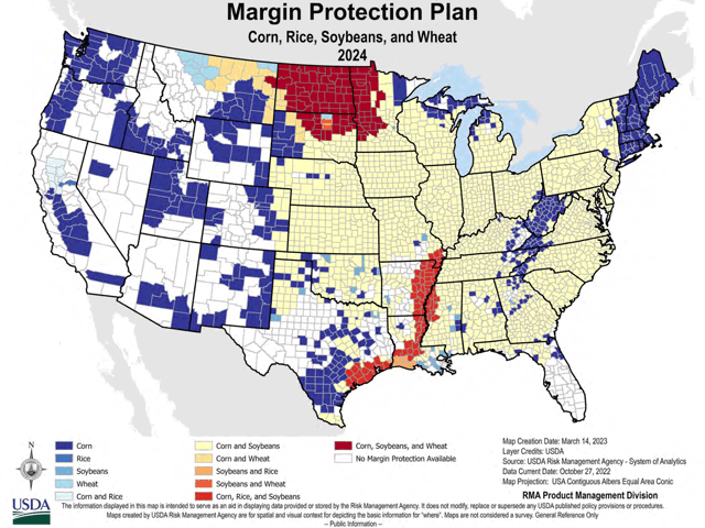 A map showing Margin Protection plans that will be offered with an expansion for corn and soybeans announced by USDA's Risk Management Agency. The expansion will go into effect for the 2024 crop year, but producers will have to lock in their Margin Protection coverage by Sept. 30, 2023. (Map courtesy of USDA Risk Management Agency) 
