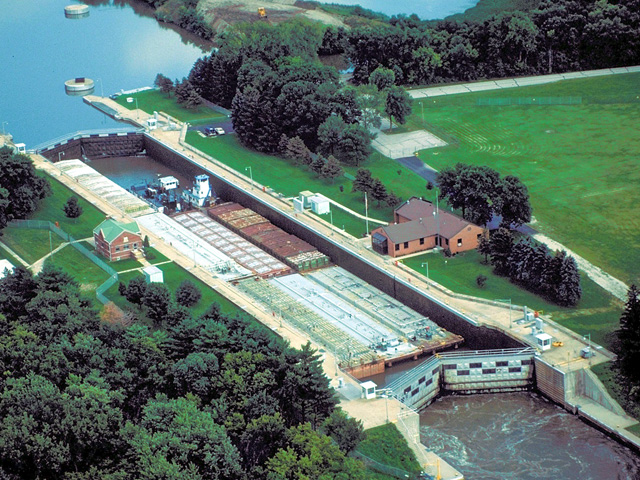 The Marseilles Lock and Dam is one of the locks scheduled for repair beginning July 1 through Oct. 29. Marseilles Lock is located southwest of Marseilles, Illinois, and is 244.6 miles above the confluence of the Illinois River with the Mississippi River at Grafton, Illinois, at the foot of Bells Island. Marseilles Dam is 2.5 miles upstream of the lock at the head of Bells Island. (Photo courtesy U.S. Army Corps of Engineers Rock Island District)