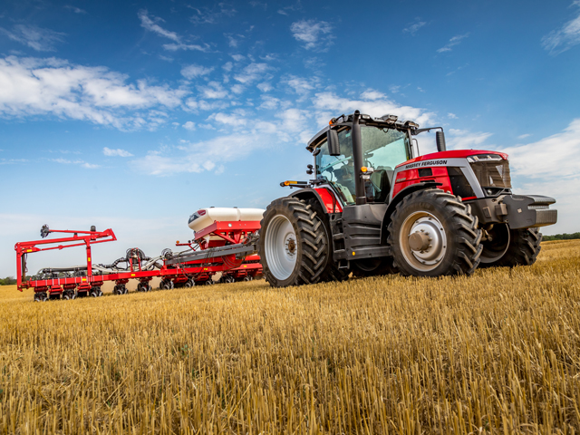 Massy Ferguson&#039;s new 8S Series tractors are powered by 7.4-liter Tier 4 Final AGCO Power, 205 to 265 hp engines. The tractor weighs in at a minimum 8.7 tons, making it the lightest in class, AGCO says. (DTN photo courtesy of Massey Ferguson)