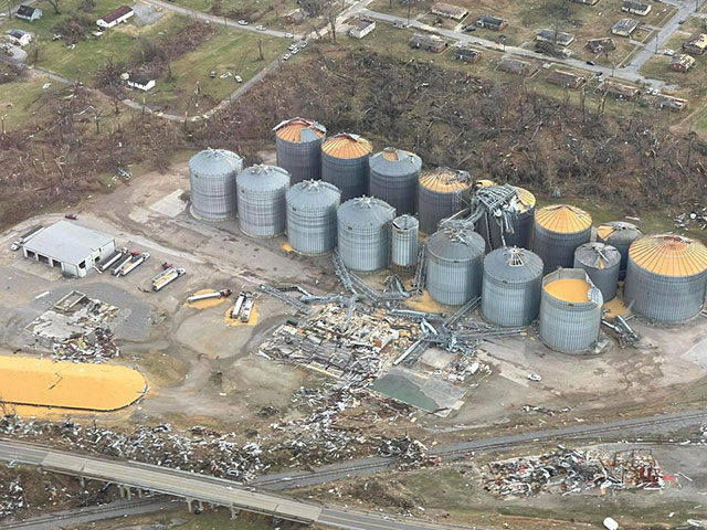Mayfield Grain Co., in Kentucky lost multiple buildings, though its grain bins were largely spared. A member of the family that owns the grain elevator said they were safe, and receiving an outpouring of support from customers. (Photo from Mayfield Grain&#039;s Facebook page)
