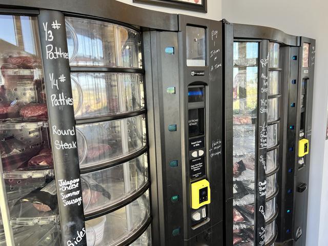 Vending machines at McLean Beef in York, Neb., sell a range of meat cuts and hamburger products. The general manager at the small local meat processor said the company was looking for a way to sell during the COVID-19 lockdown, but the popularity of the vending machines has continued to drive sales. (DTN photo by Chris Clayton)