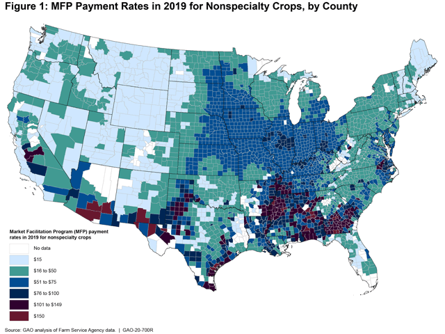 A map in a Government Accountability Office report breaks down payments per acre for commodities under the Market Facilitation Program (MFP). The analysis shows higher payment rates weighted heavily to Southern states. (Graphic courtesy of the Government Accountability Office) 