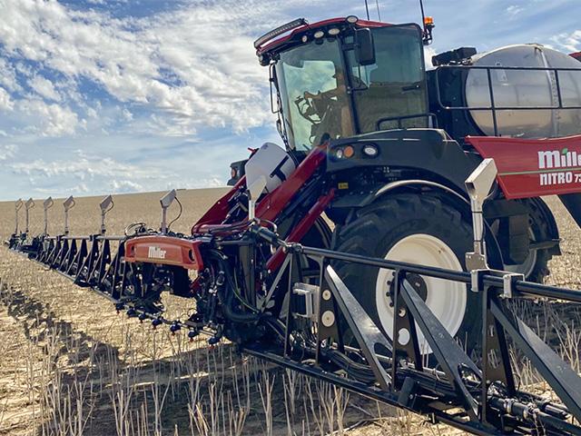 Trimble combined hardware with its autonomous systems in the purchase last year of French technology company Bilberry, which specializes in selective herbicide applications. It&#039;s camera and data management system are shown here attached to the top of the sprayer booms. (DTN image courtesy of Bilberry.)