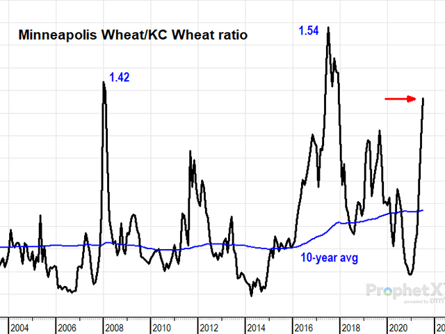 One way of looking at Minneapolis wheat prices is to compare them with KC wheat prices. Minneapolis wheat is currently 1.38 times the price of KC wheat, a much higher than normal ratio, but not nearly as high as the 1.54 ratio reached in the lesser drought of 2017. (DTN ProphetX chart by Todd Hultman)
