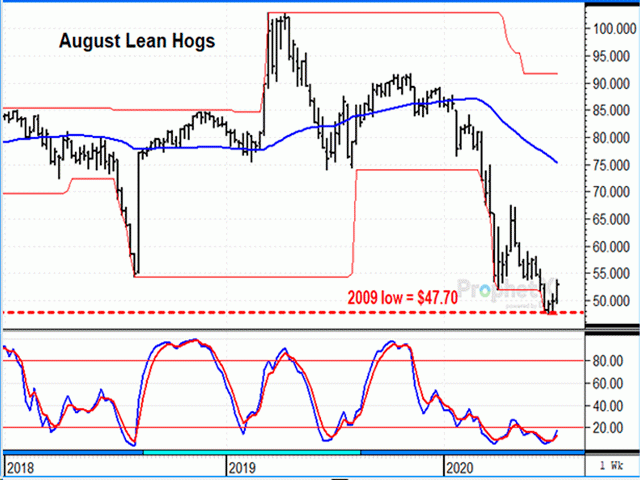 The weekly chart above shows August hogs broke the April low, but support from the 2009 low of $47.70 held. This week's higher close turned the weekly stochastic up, a bullish change of momentum that has been long-awaited (DTN ProphetX chart).