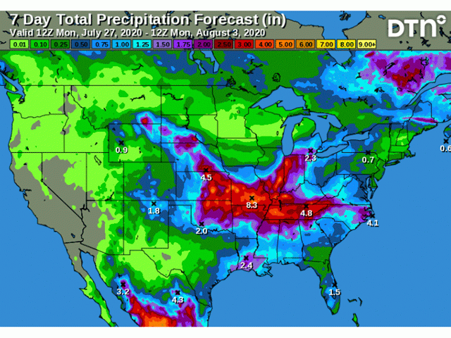 Rainfall through the end of July shows beneficial amounts in many central crop areas, but only light coverage in portions of the western Corn Belt. (DTN graphic)