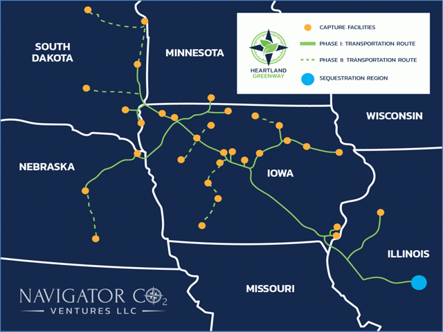 A map of Navigator's proposed Heartland Greenway pipeline that will stretch from South Dakota to central Illinois where Navigator plans to sink as much as 15 million metric tons of carbon per year. One of the biggest carbon pipeline projects in the country, Navigator has inked a deal to connect 18 Poet ethanol plants to the pipeline. (Graphic courtesy of Navigator CO2 Ventures LLC)
