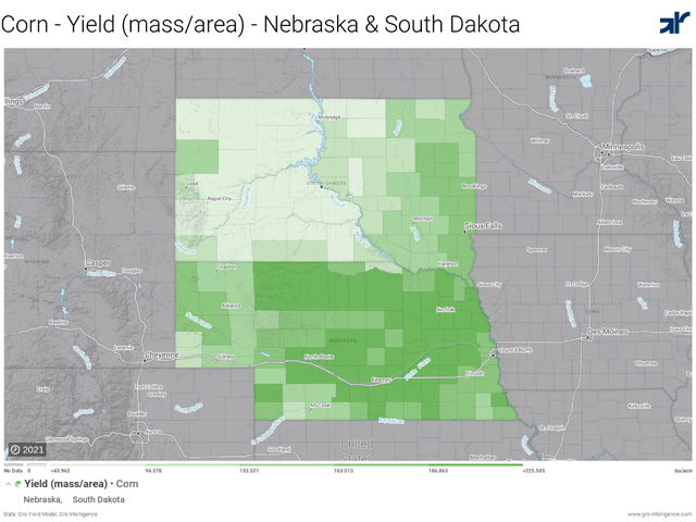 Corn yields -- indicated by green shading in this Gro Intelligence real-time yield map -- fell significantly as Day One of the 2021 DTN Digital Yield Tour moved north from the well-watered state of Nebraska up into the Dakotas, where persistent drought has dropped yield potential by 20 bushels per acre on average. (Map courtesy of Gro Intelligence)
