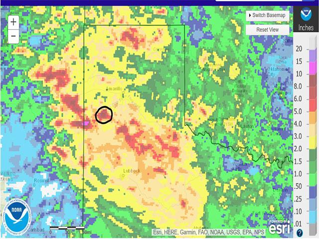 Rainfall totals for the Texas panhandle show large amounts of rain fell on May 26-27, causing flooding across the normally arid region. Hereford, Texas, (circled) saw 10 inches of rain, according to NOAA. (NOAA graphic)