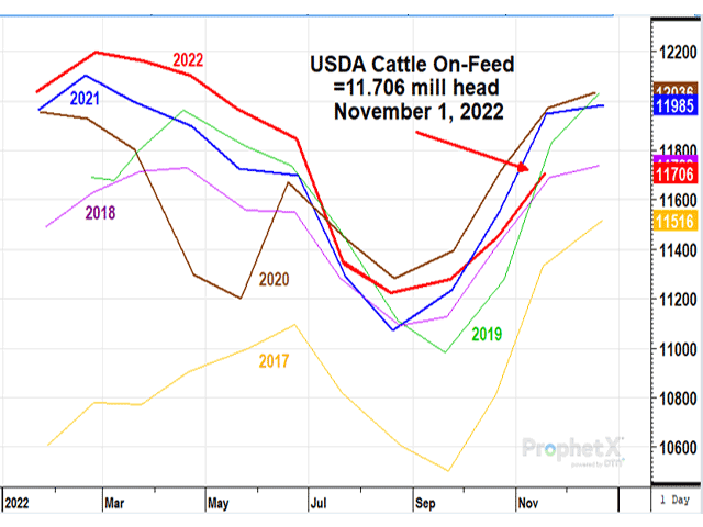 Cattle and calves on feed for the slaughter market in the United States for feedlots with capacity of 1,000 or more head totaled 11.7 million head on Nov. 1, 2022, USDA NASS reported on Friday. (DTN ProphetX chart)