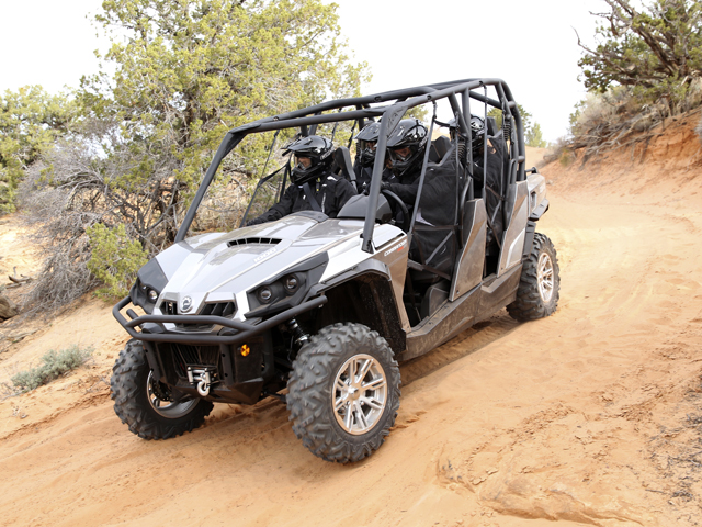 The Can-Am Commander side-by-side now comes in a four-seat version based on its previous two-seat model. The two new models feature an 85-hp engine and 