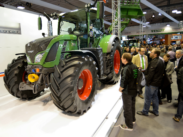 In the AgriTechnica 2013 Fendt booth the X-Concept tractor at its world premier. It is a prototype that generates 138 kw to power electric implements, using 700 DC volts. It is several years from introduction. It may eventually have electrical outlets for electric hand tools. (DTN photo by Jim Patrico)