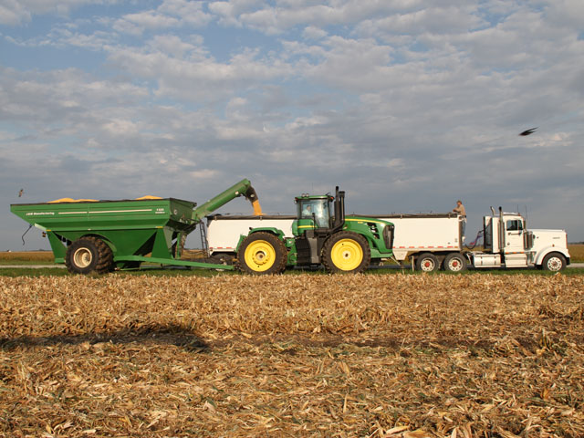 The first days of harvest have been good ones for Matt Bennett, Windsor, Ill. Grain moisture is a bit wetter than he might like, but rain events have been plentiful in September and he doesn't want to risk loss of stalk and grain quality. (DTN photo by Pamela Smith)
