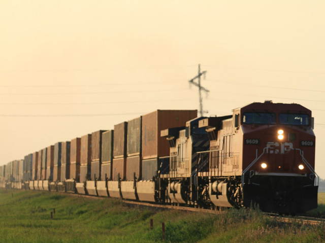 Canadian Pacific train of containers heading for export. (DTN photo by Elaine Shein)