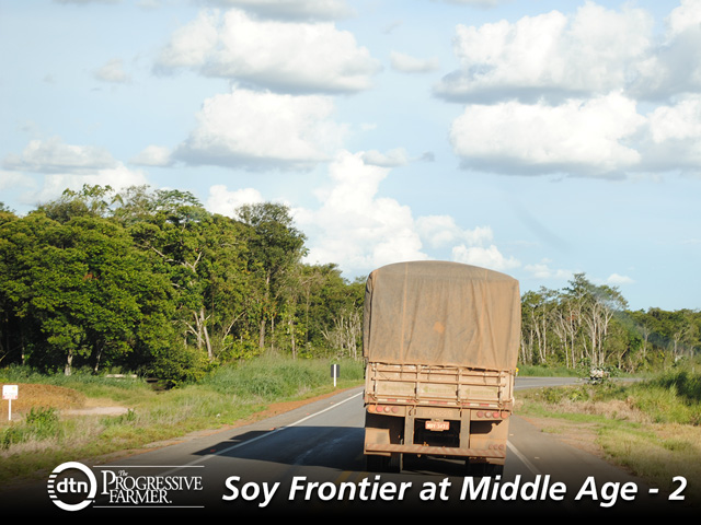 Most of Mato Grosso&#039;s soy is trucked 1,000 miles or more to port, which eats into basis prices. Brazil is working to improve the soy routes, but one of the easiest solutions is to consume more soybeans in the state itself. (DTN photo by Marcia Zarley Taylor)