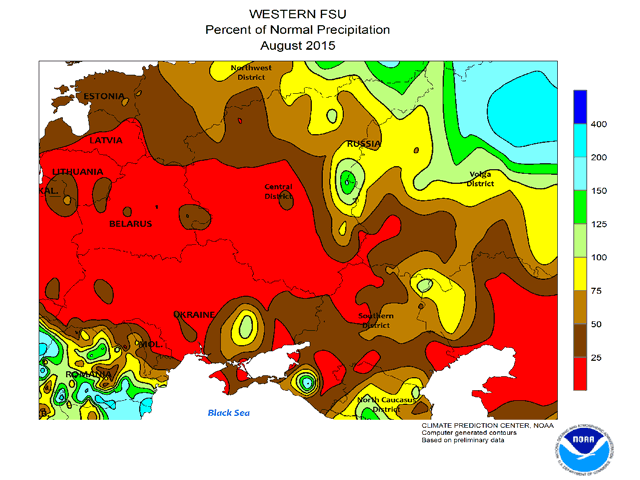 August rainfall across almost the entire western crop area of through Ukraine was mostly 75% below normal. (NOAA graphic)