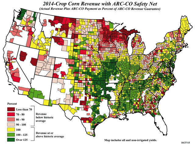 FSA&#039;s map on Agricultural Risk Coverage-County payments for corn under the 2014 crop. (Map courtesy of Farm Service Agency)