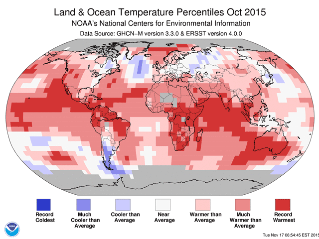 Large areas of the earth--both land and water--had record warmest conditions during October 2015. (NOAA graphic by Nick Scalise)