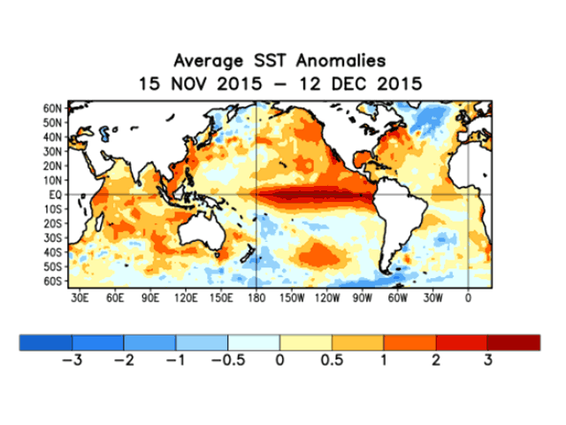 Very warm Pacific Ocean temperatures indicate a still-robust El Nino, with influence continuing through spring. (NOAA graphic)  