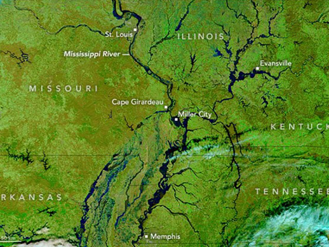 This photo taken by NASA&#039;s Terra Satellite on Jan. 4 shows the swollen Mississippi River and its tributaries. (Photo courtesy of nasa.gov) 