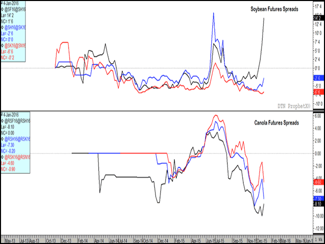 Soybean spreads are charting a different course than canola spreads. Soybean spreads are indicating a short-term bullish view of fundamentals, with the Jan/March inverted and the Mar/May trading at a weak carry. Canola spreads weakened this week. (DTN graphic by Nick Scalise)