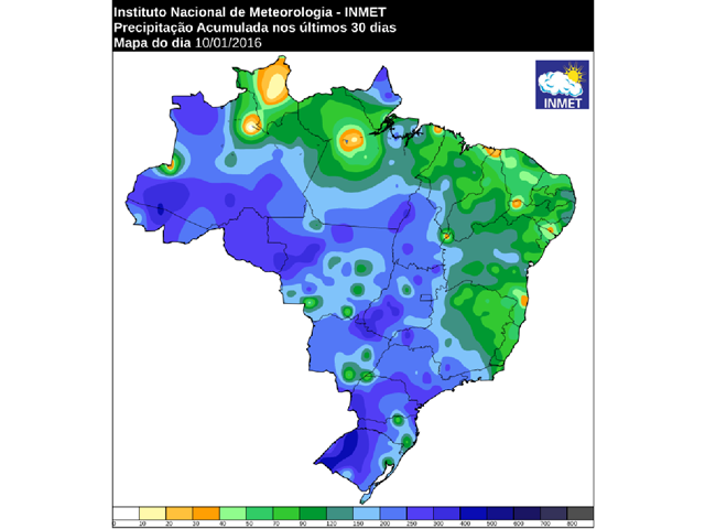 Estimated rainfall totals in central and southern Brazil for January are mostly four inches (200 millimeters) or greater. (INMET graphic)