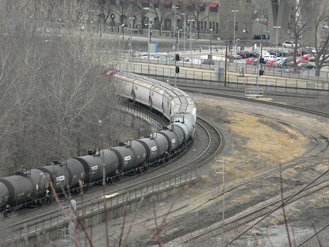 A Canadian Pacific train moves west through downtown St. Paul, Minnesota. (DTN photo by Mary Kennedy)