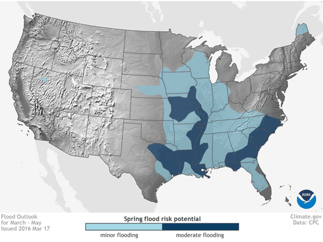 The south-central and southeastern U.S. could labor with flooding throughout the 2016 spring season. (NOAA Graphic)
