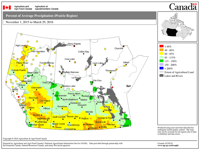 This chart from Agriculture and Agri-Food Canada shows the percent of precipitation for the past five months across the main crop areas of the Prairies. The yellow indicates below-normal amounts of snow and rain have fallen since Nov. 1, 2015. Far southeast Manitoba and south-central Saskatchewan have seen more normal totals for this period. (Graphic courtesy of Agriculture and Agri-Food Canada)