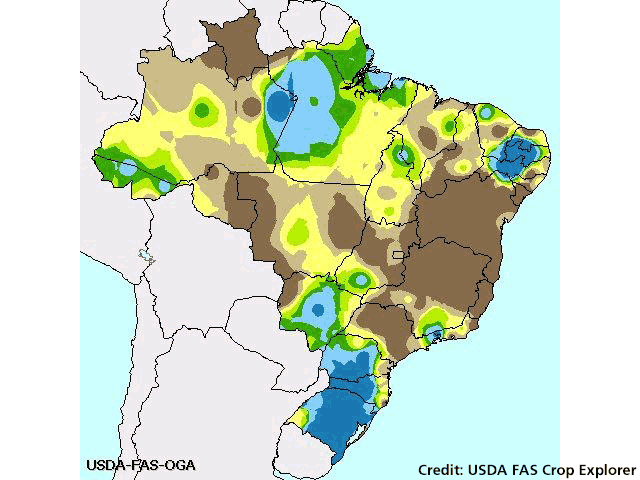Much-below-normal rainfall the last 10 days of March may be the start of the dry season in central Brazil. (USDA FAS graphic)