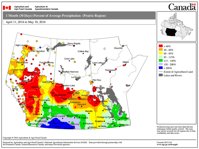 The percent of average precipitation for the month April 11 to May 10 indicates there remains areas of concern. (Map courtesy of Agriculture and Agri-Food Canada.) 