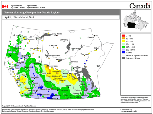 From April 1 to May 31, the percent of average precipitation for the Canadian Prairies is now at or above normal for this period for most of the region. (Chart courtesy of Agriculture and Agri-Food Canada)