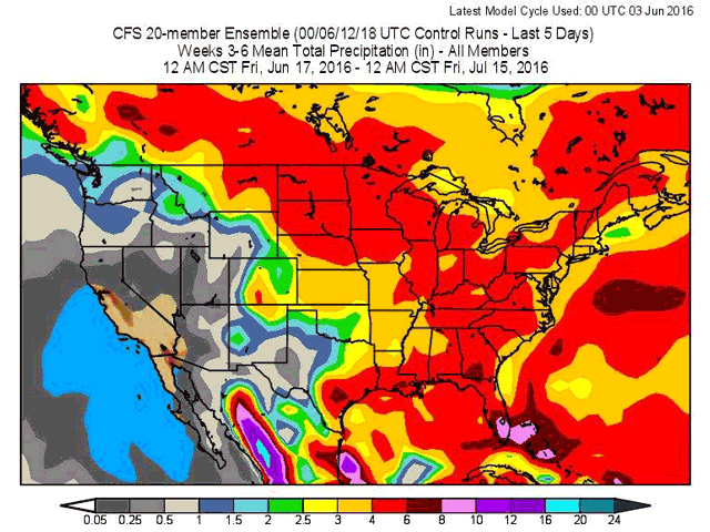 Rainfall for mid-June through mid-July offers decent amounts for the entire Corn Belt, helping to hold off major yield impact from late-season hotter and drier trends. (NOAA graphic by Nick Scalise) 