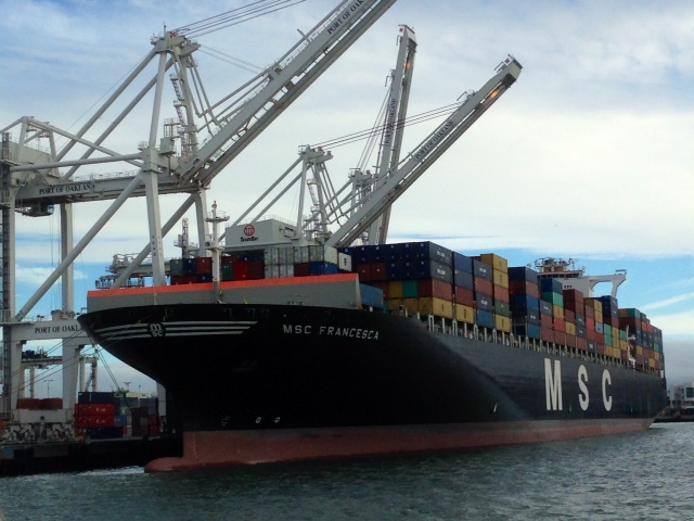 Larger Mediterranean Shipping Company (MSC) container ship at Port of Oakland June 2013. (Photo courtesy of Midwest Shippers Association)