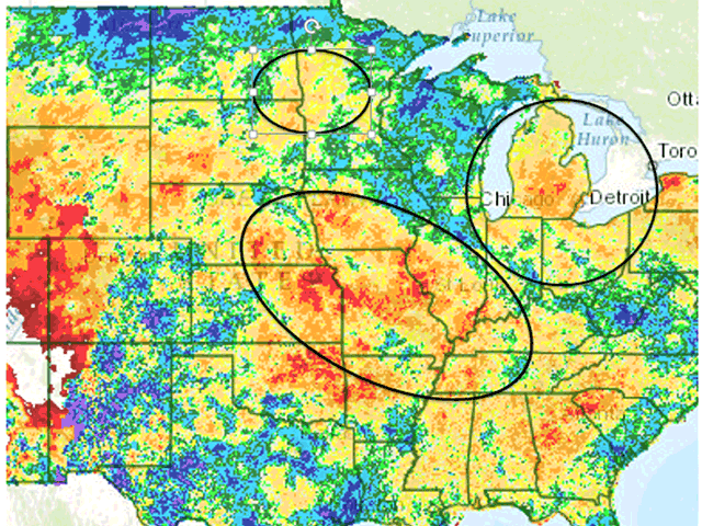 Past 30-day rainfall totals have been far less than average in much of the Midwest -- especially Iowa and Missouri. (NOAA map) 