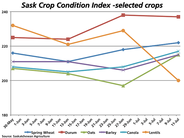 As of July 11, the crop condition index calculated for Saskatchewan crops remains well above last year and the five-year average. As seen on this chart, the index calculated for the lentil crop faced a sharp reduction in the first half of July. (DTN graphic by Nick Scalise)