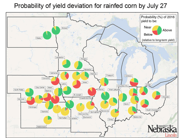 The northwestern Corn Belt is the only sector where non-irrigated corn yield is indicated to have a definite high chance of being above average. (UN-L graphic by Nick Scalise)